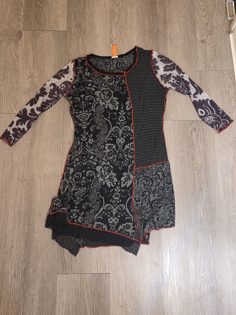 Anya SF Patchwork Tunic Dress Women's Small Black Gray Floral Mesh Lagenlook